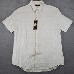 Perry Ellis Mens XL Beige Linen Cotton Blend Short Sleeve Button Up Shirt‎ New